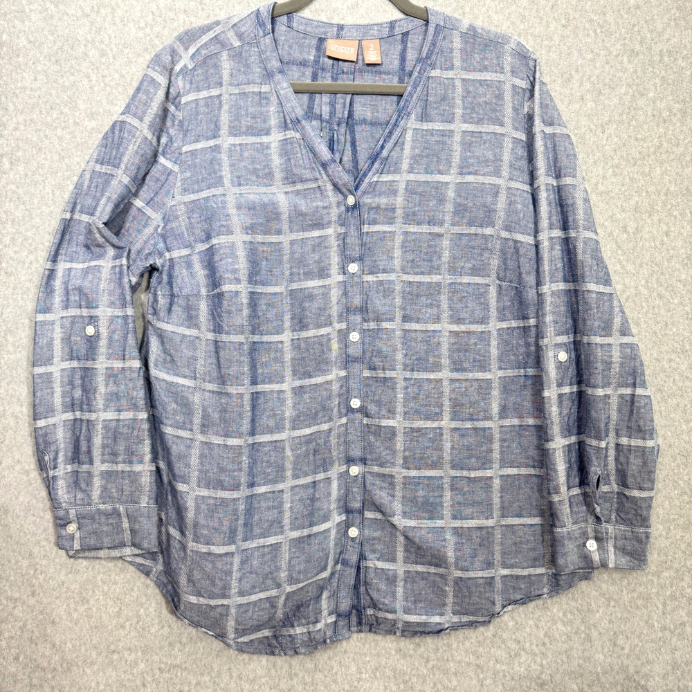 Chico's Linen Windowpane Plaid Button Up Shirt Sz 2 L Blue Coastal Beach Casual